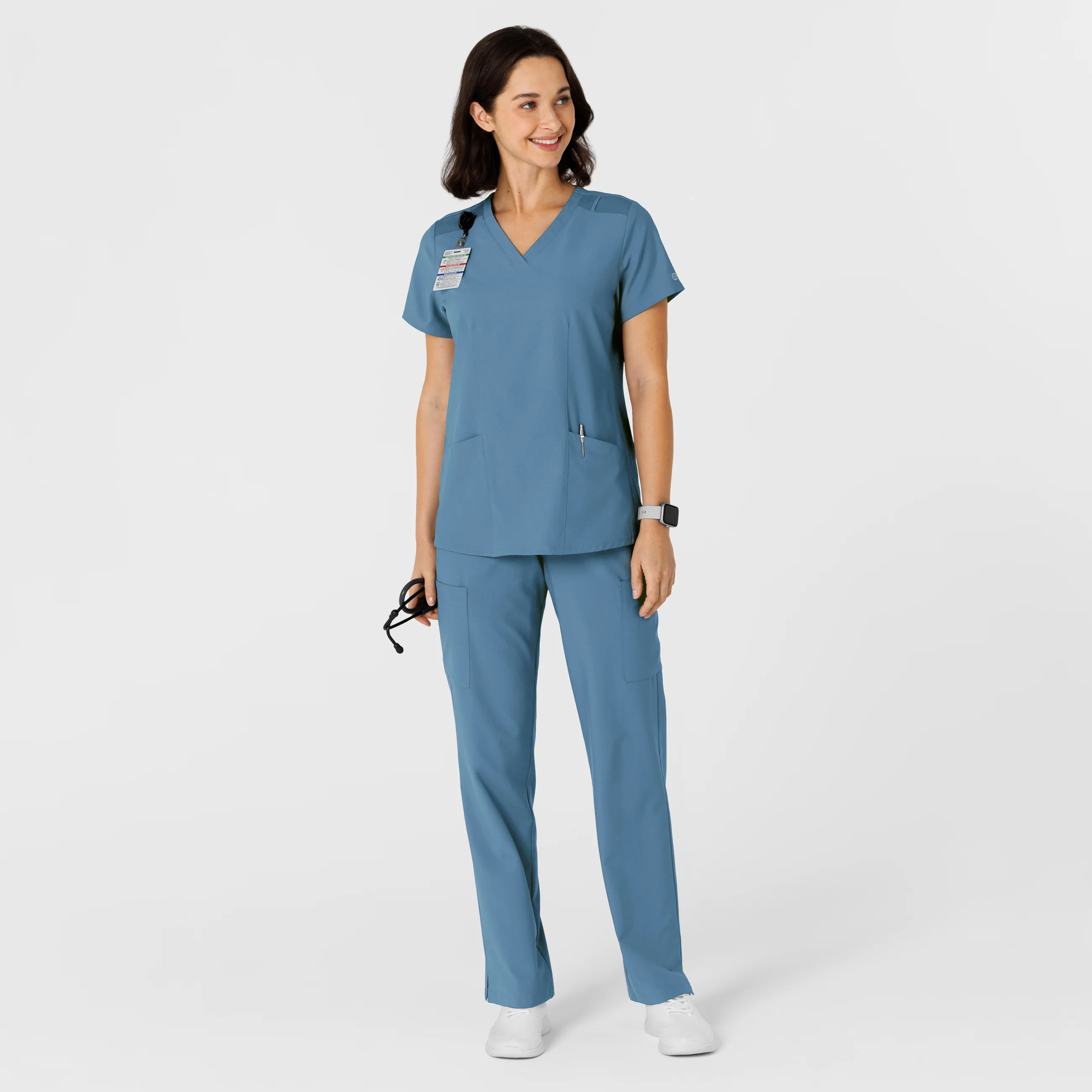 W123 Women's Flex-n-Reach Side Panel V-Neck Scrub Top - Pacific Blue - Image 3