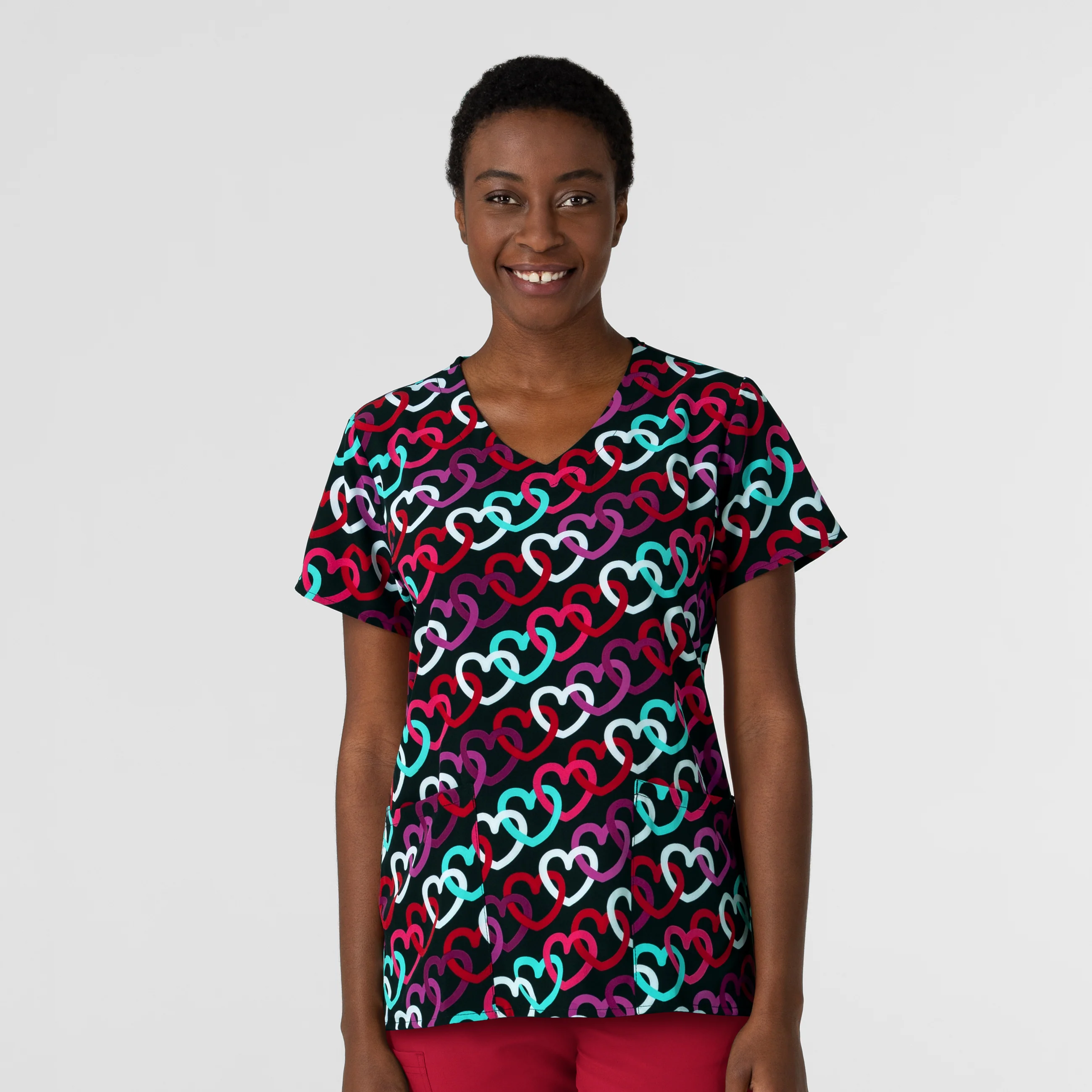 Women's V-Neck Print Scrub Top - Heart Links Black