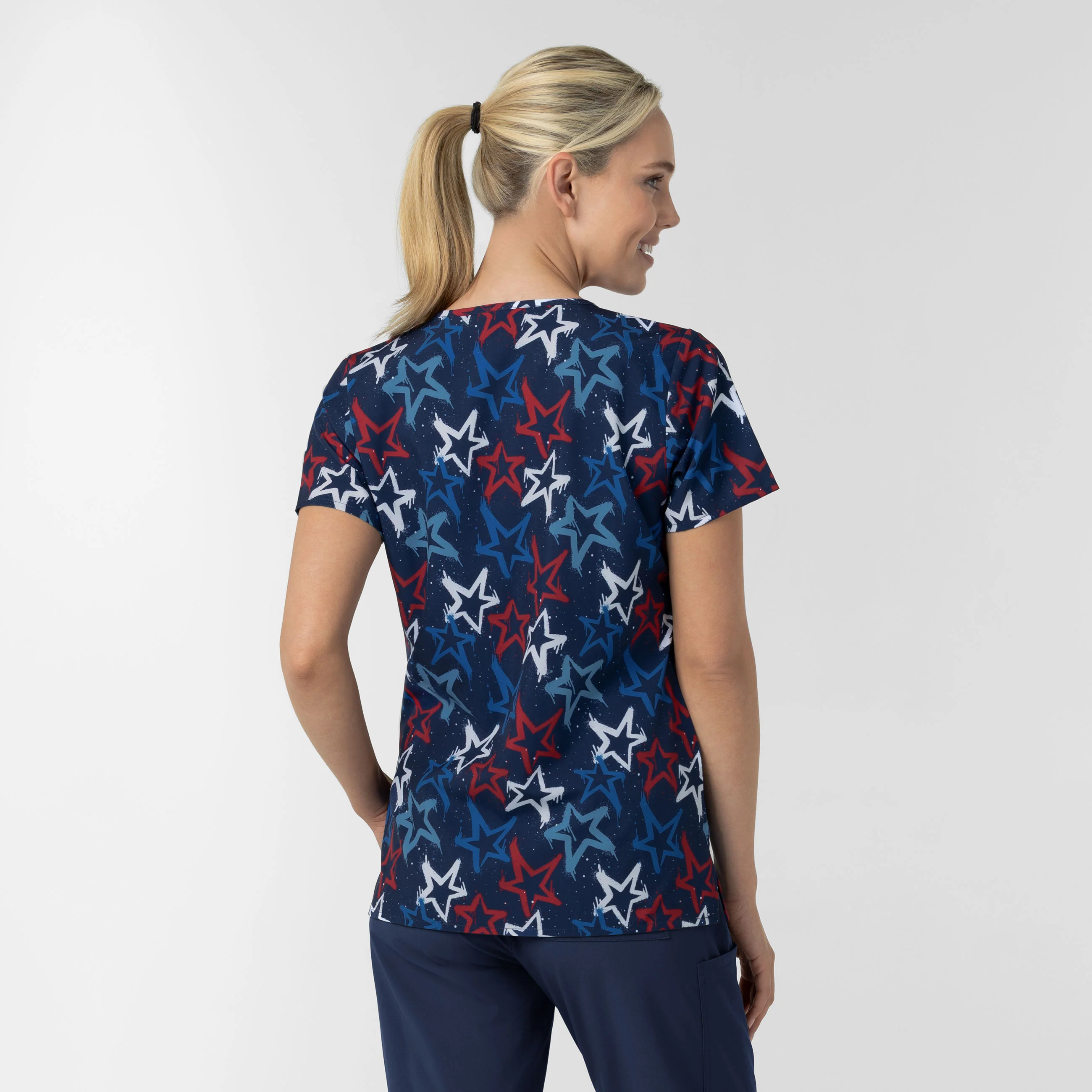 Women's V-Neck Print Scrub Top - Star Spangled Sky - Image 2
