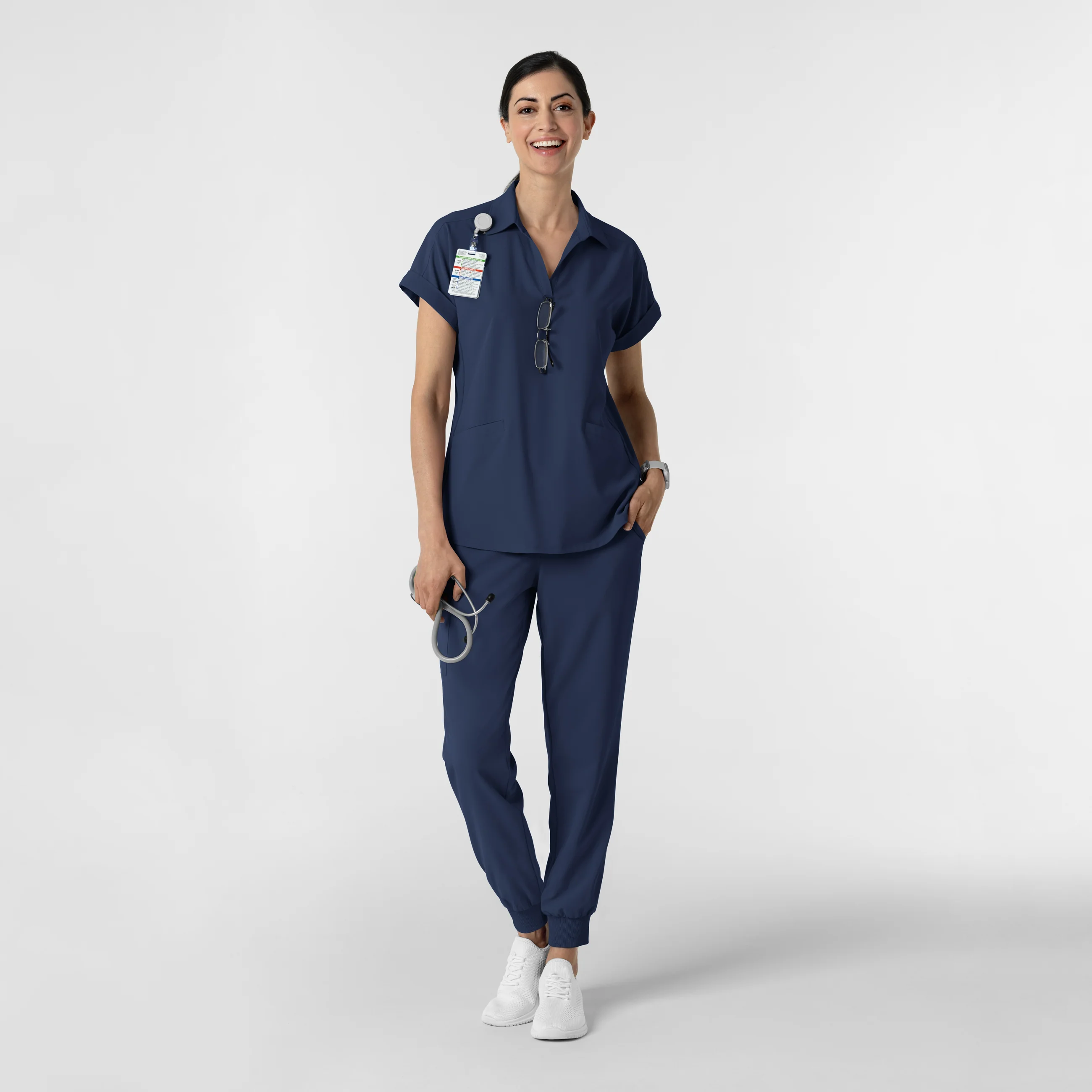 RENEW Women’s Flex-n-Reach Collar Scrub Top - Navy - Image 3