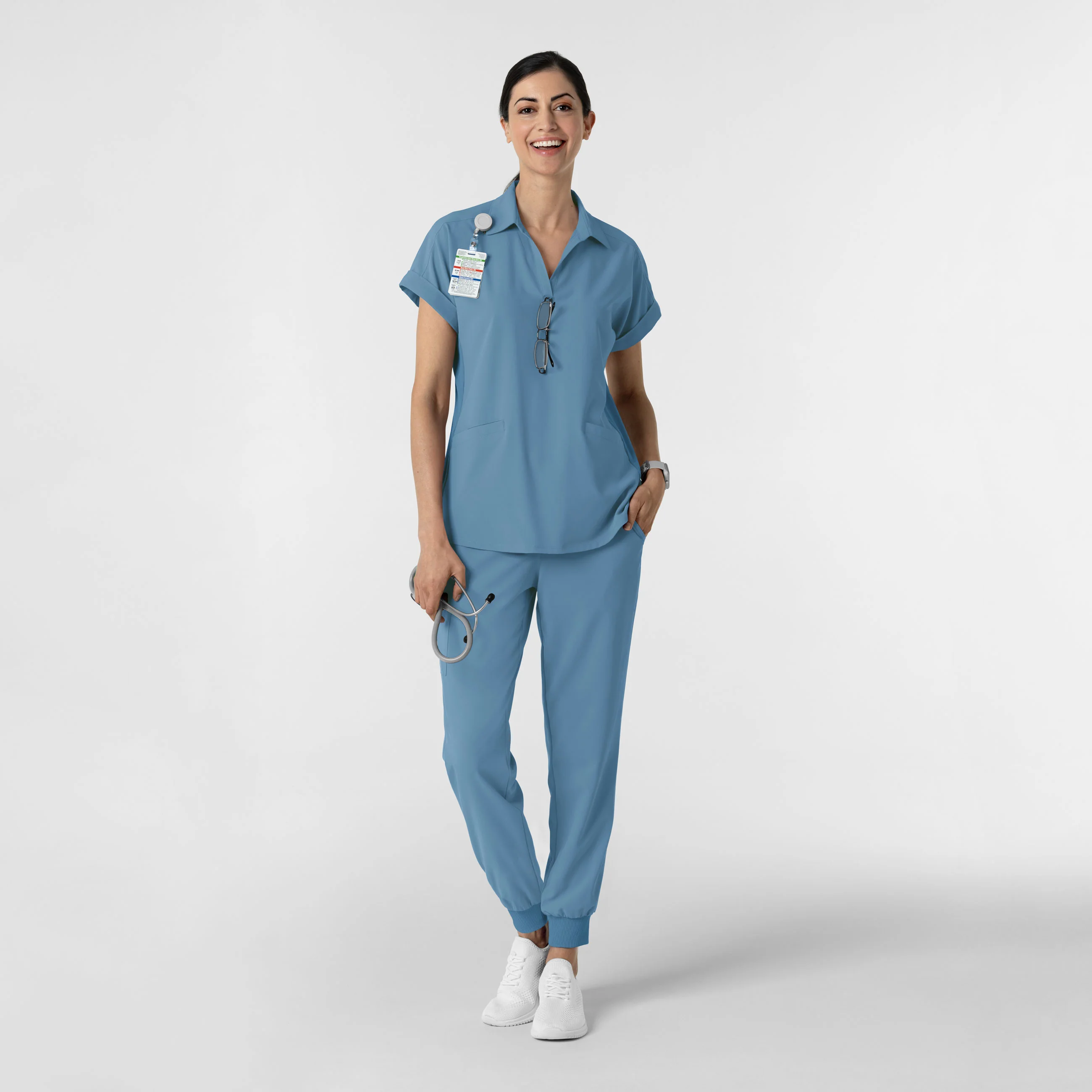 RENEW Women’s Flex-n-Reach Collar Scrub Top - Pacific Blue - Image 3