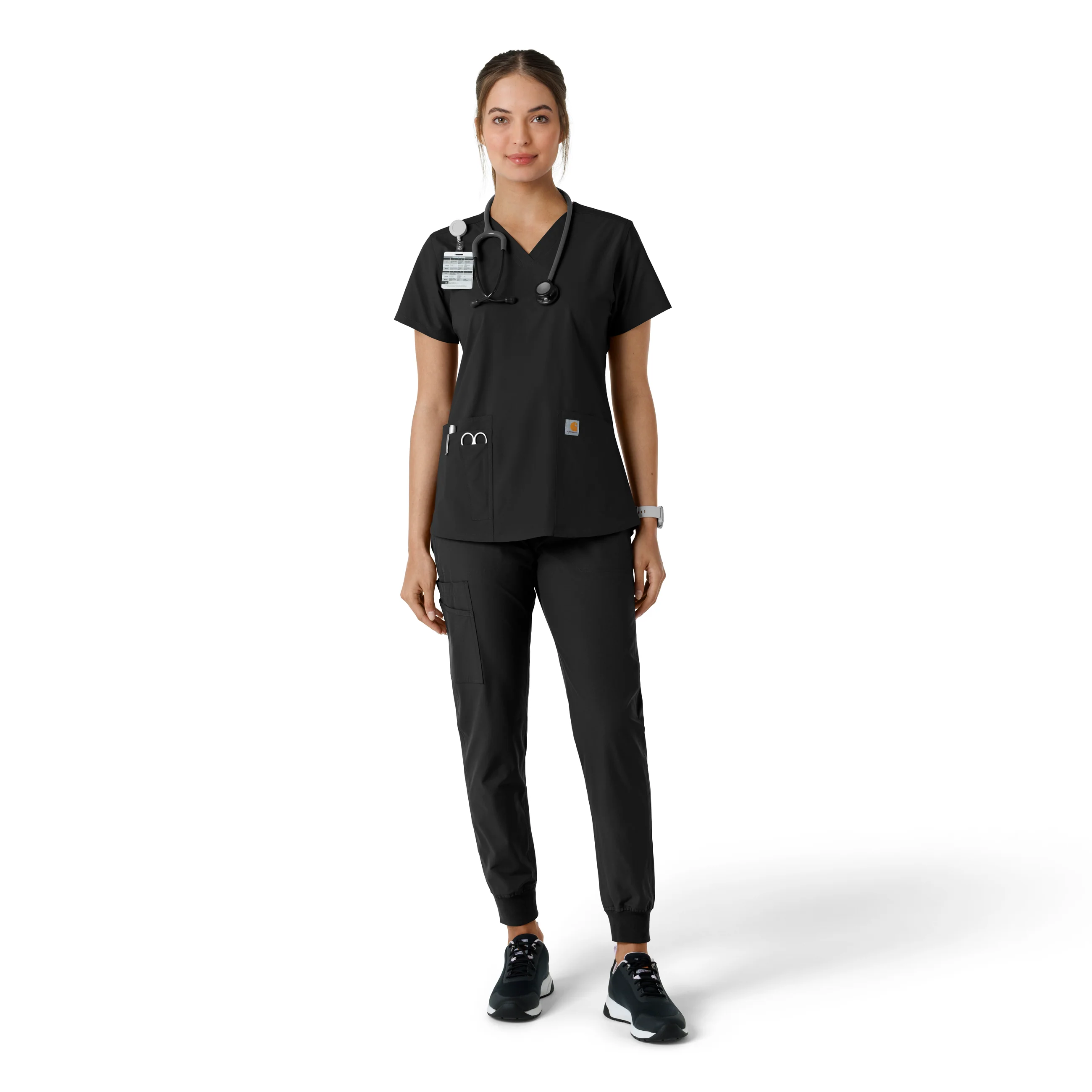 Carhartt Force Essentials Women's V-Neck Knit Panel Scrub Top - Black - Image 3