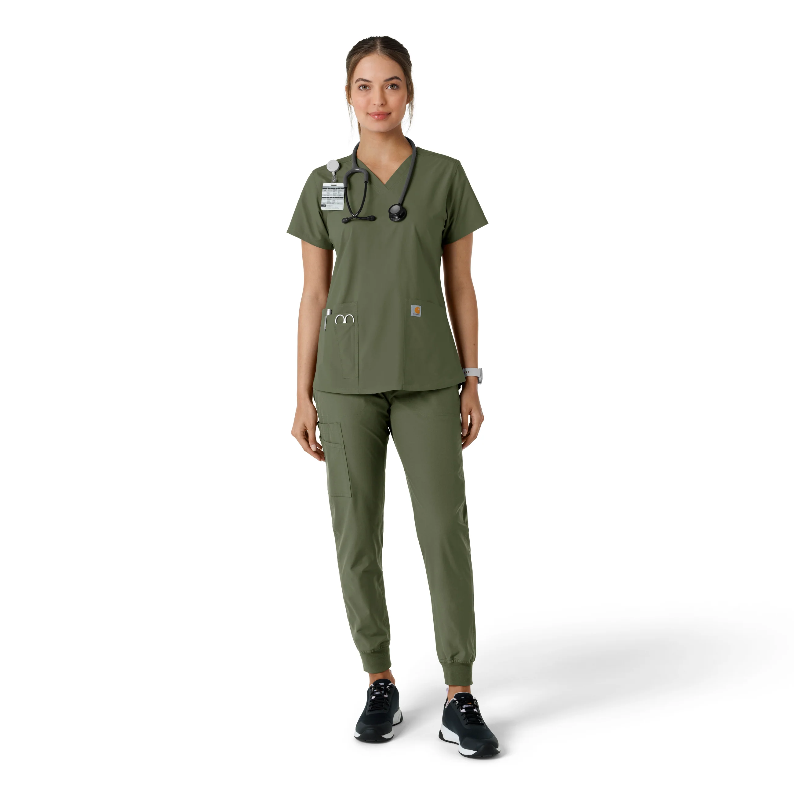 Carhartt Force Essentials Women's V-Neck Knit Panel Scrub Top - Olive - Image 3