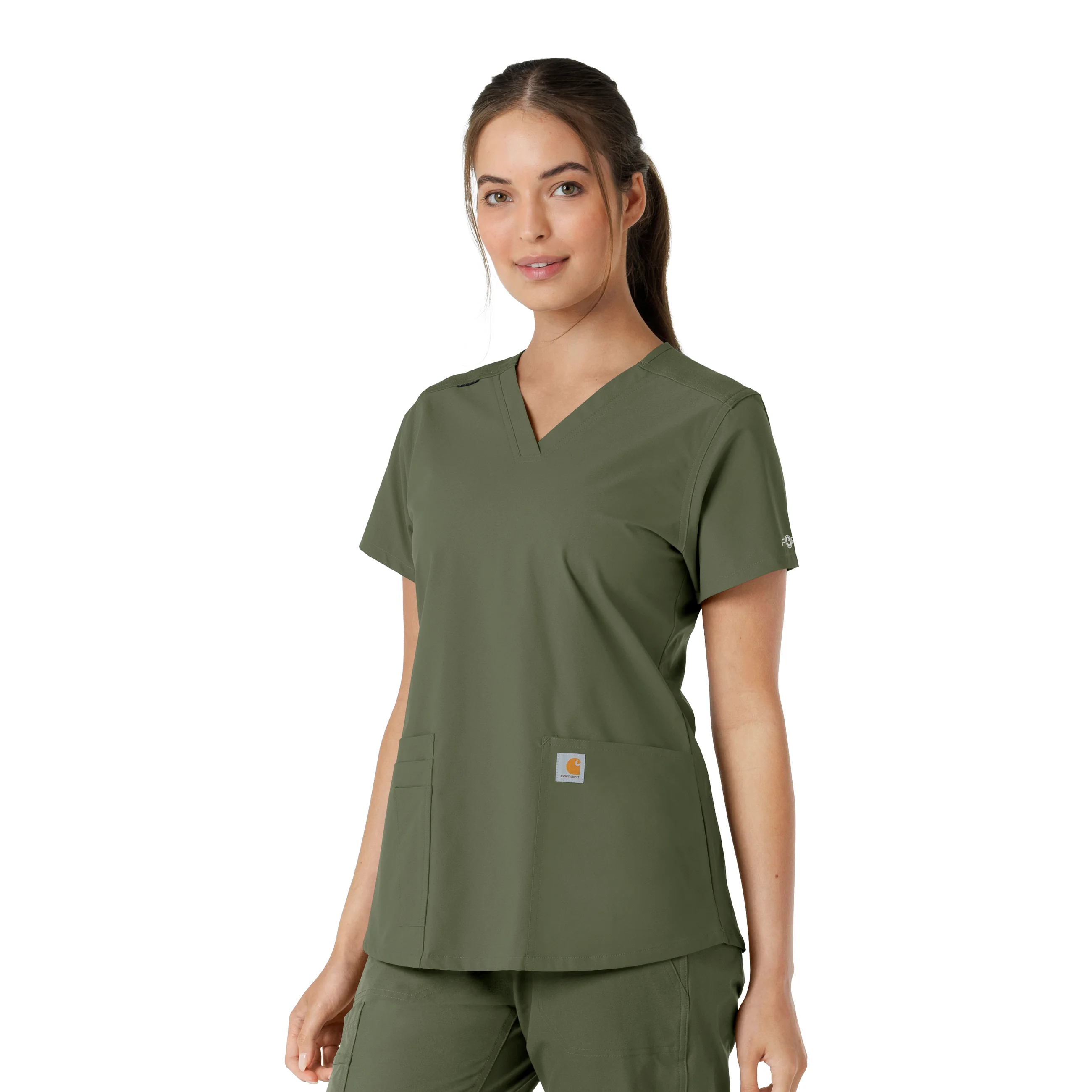 Carhartt Force Essentials Women's V-Neck Knit Panel Scrub Top - Olive - Image 4