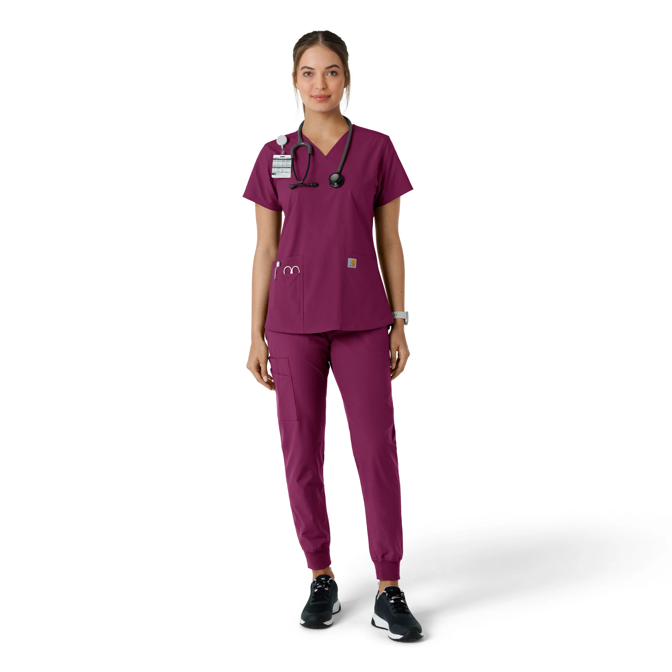 Carhartt Force Essentials Women's V-Neck Knit Panel Scrub Top - Wine - Image 3