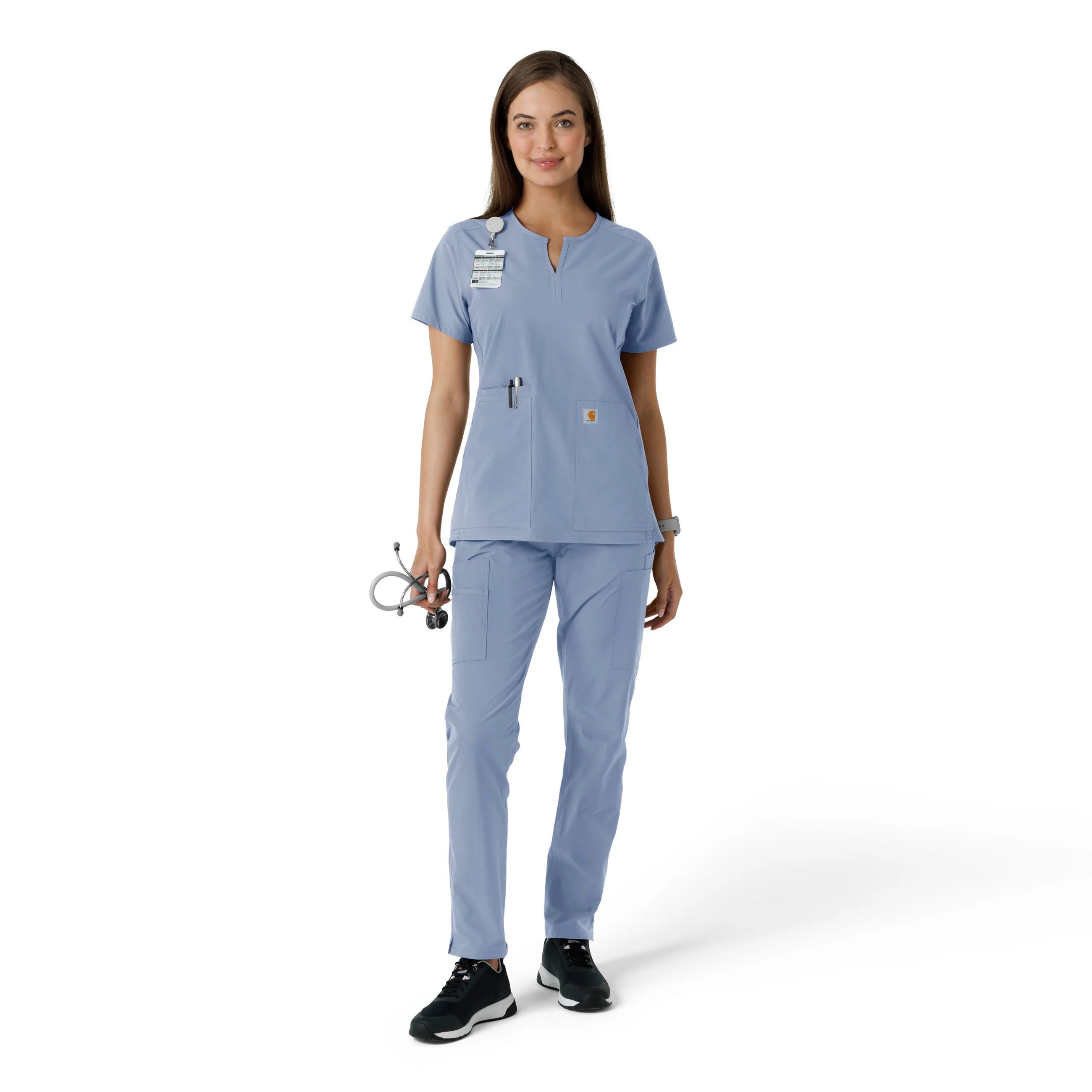 Carhartt Force Essentials Women's Notch Neck Tunic Knit Panel Scrub Top - Ceil Blue - Image 3