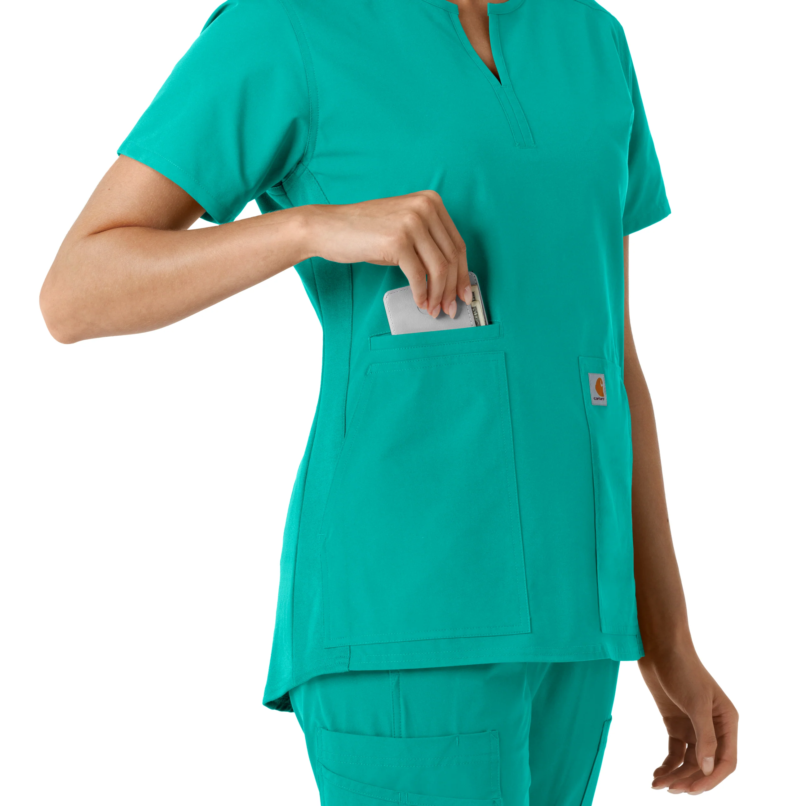 Carhartt Force Essentials Women's Notch Neck Tunic Knit Panel Scrub Top - Teal - Image 7