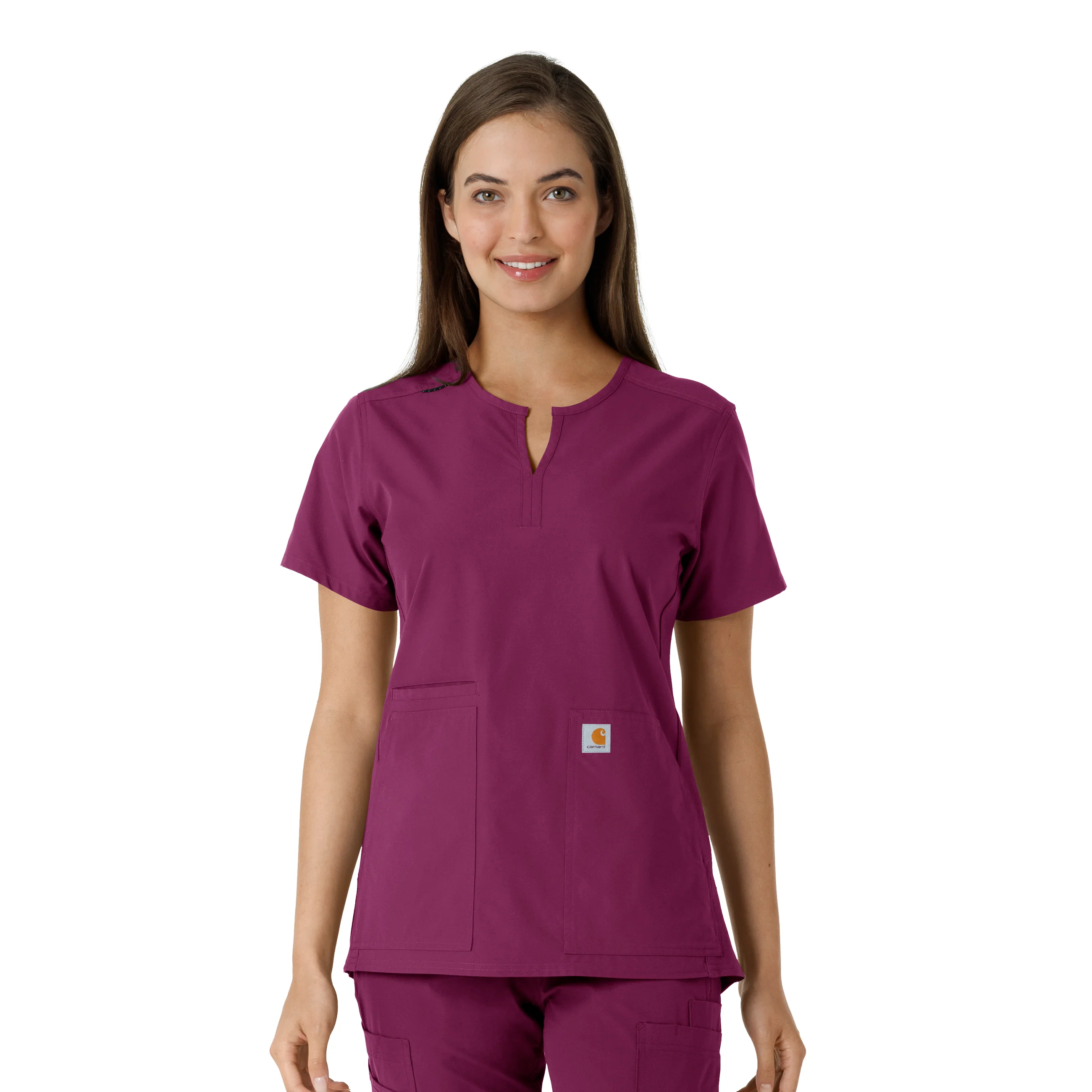 Carhartt Force Essentials Women's Notch Neck Tunic Knit Panel Scrub Top - Wine