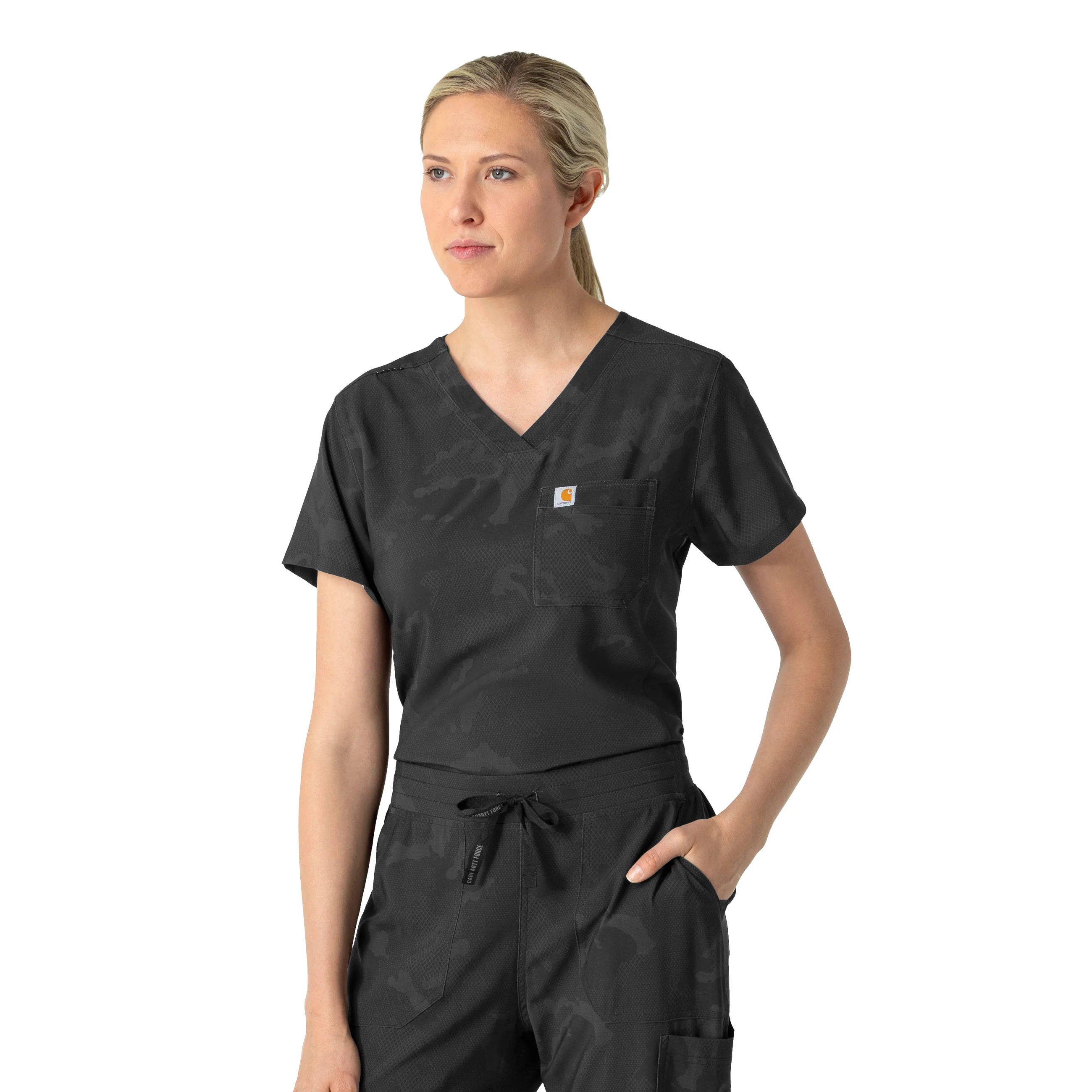 Carhartt Women's Tuck-In Print Scrub Top - Caring Camo Black