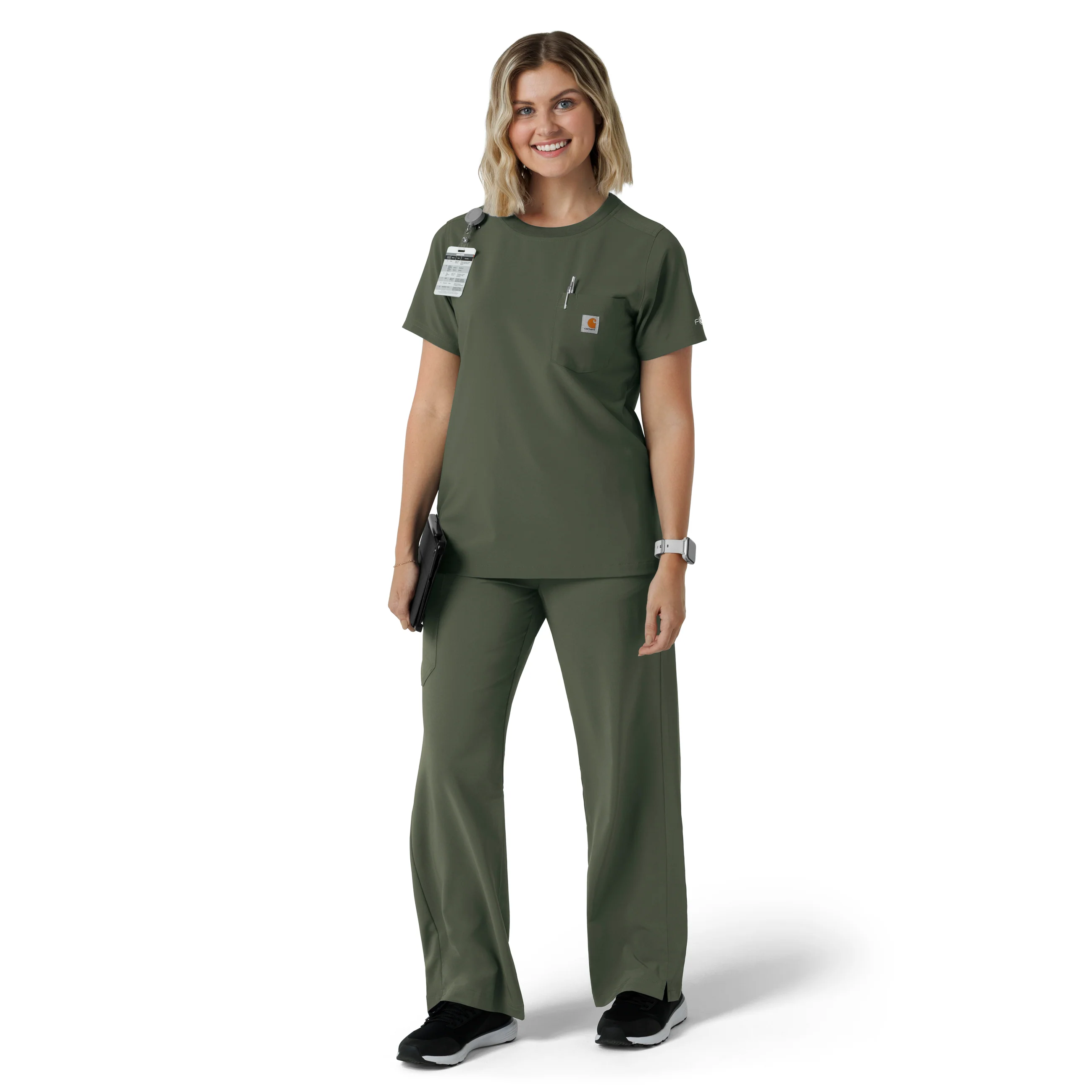 Carhartt Force Cross-Flex Women's Crew Neck Scrub Top - Olive - Image 3