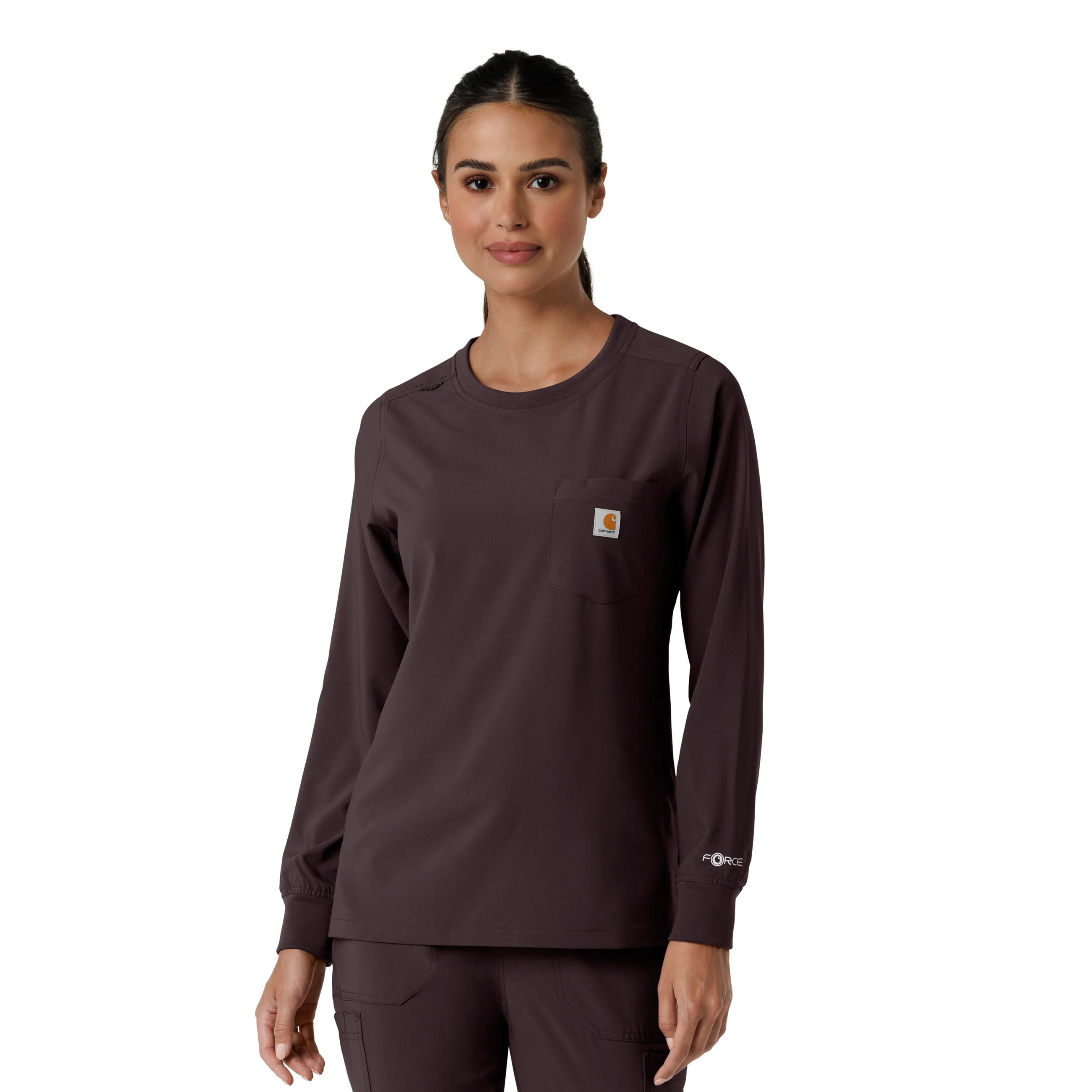 Carhartt Force Cross-Flex Women's Crew Neck Long Sleeve Scrub Top - Dark Sepia