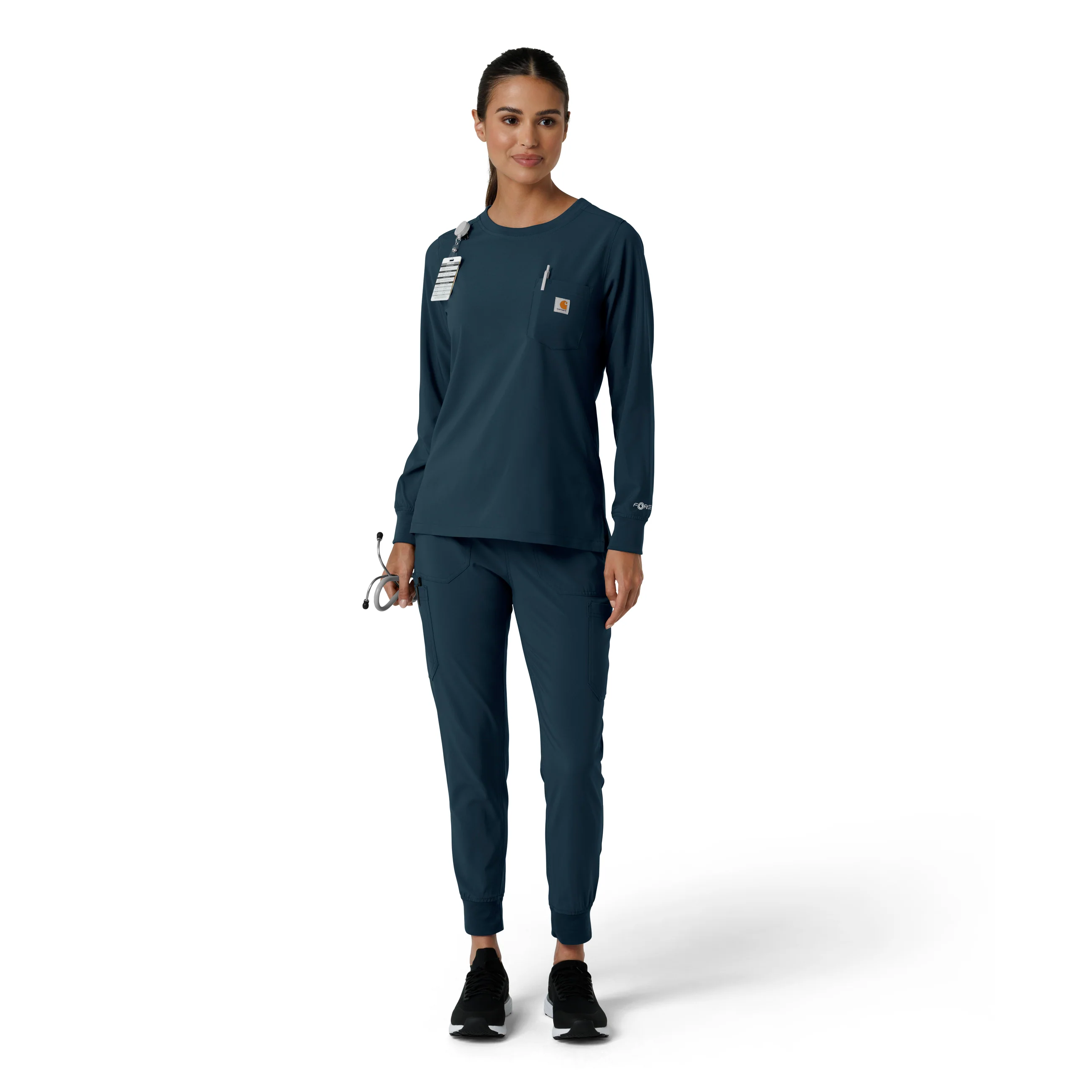 Carhartt Force Cross-Flex Women's Crew Neck Long Sleeve Scrub Top - Navy - Image 3