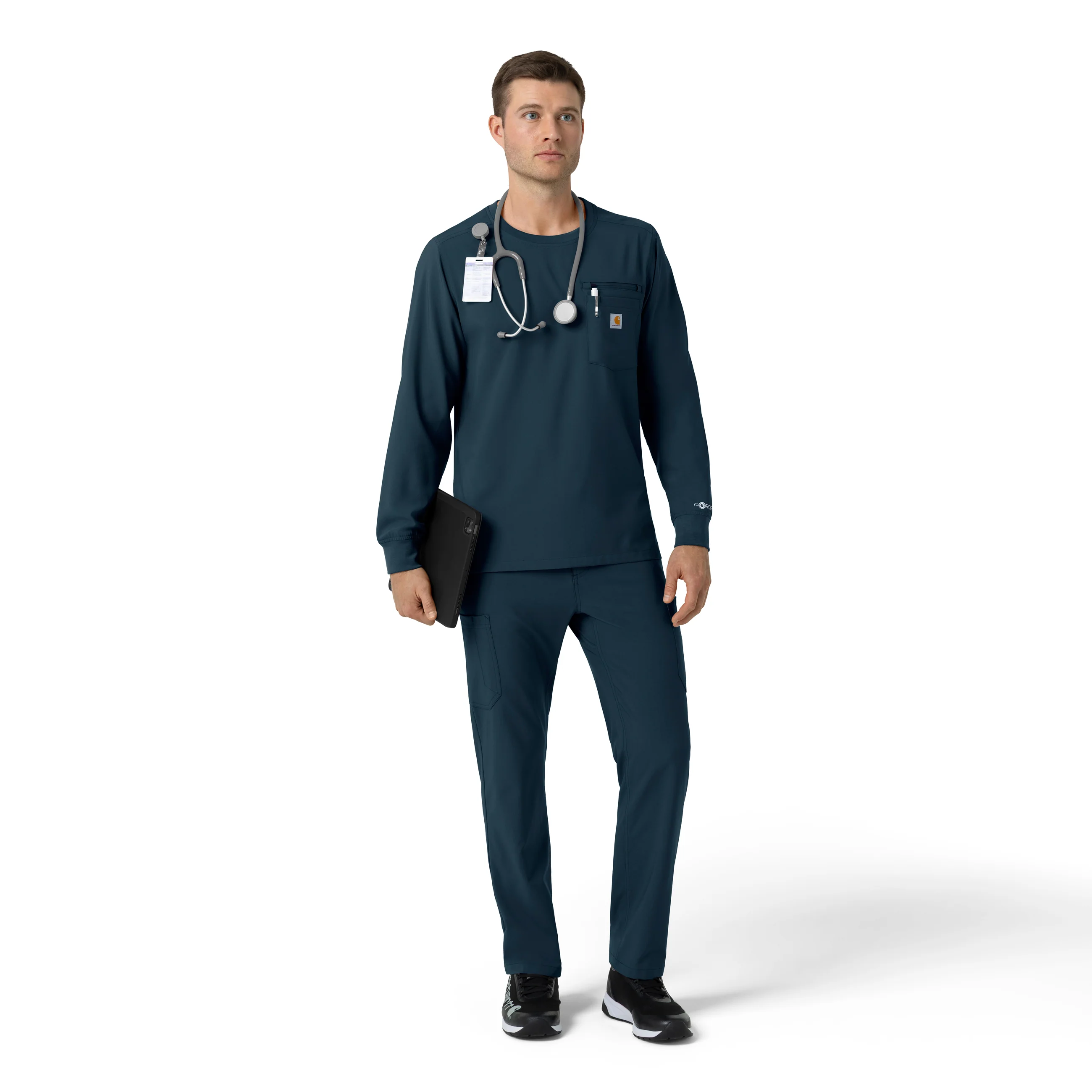Carhartt Force Cross-Flex Men's Crew Neck Long Sleeve Scrub Top - Navy - Image 3
