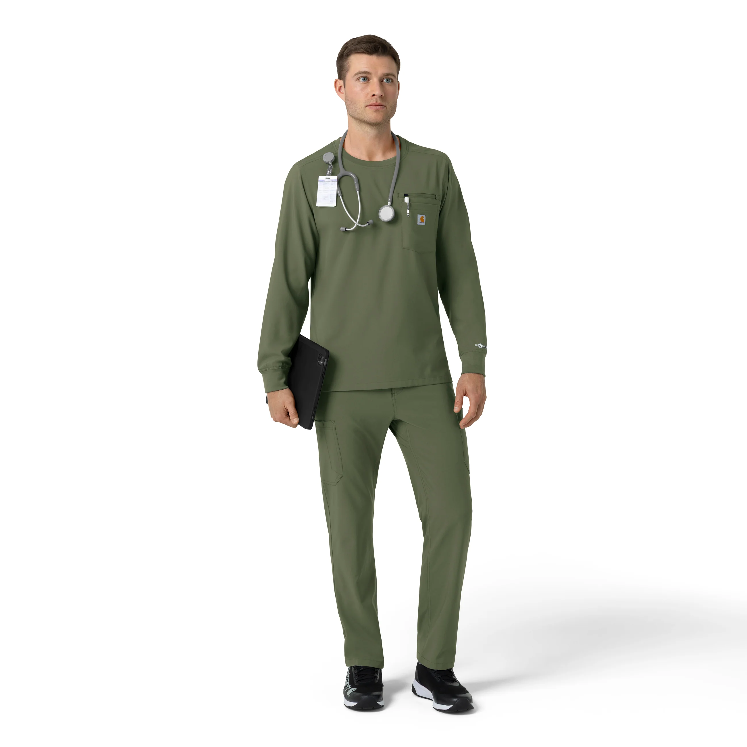 Carhartt Force Cross-Flex Men's Crew Neck Long Sleeve Scrub Top - Olive - Image 3