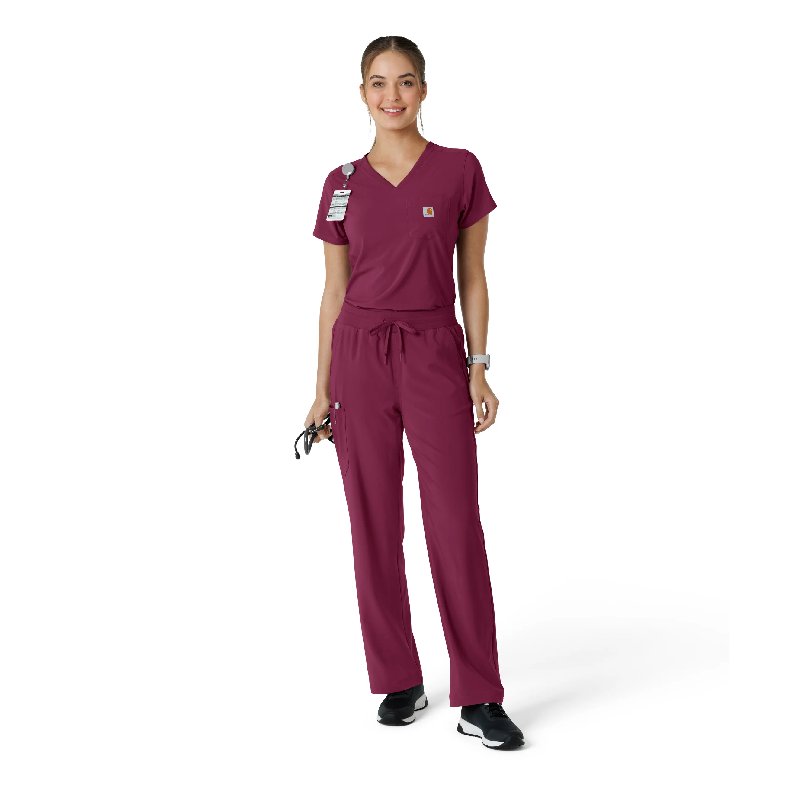 Carhartt Force Cross-Flex Women's Tuck-In Scrub Top - Wine - Image 3