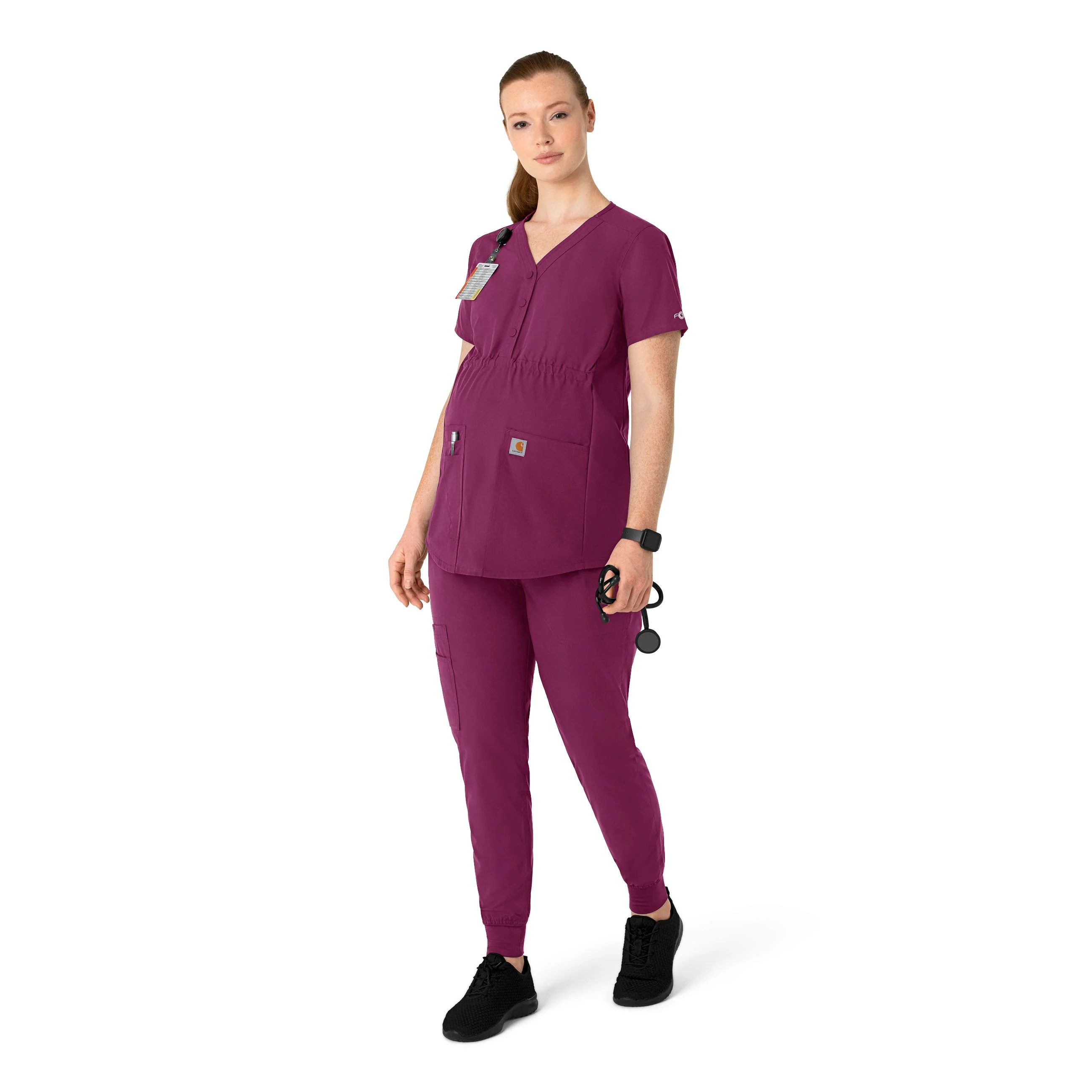 Carhartt Force Essentials Women's Henley Maternity Scrub Top - Wine - Image 3