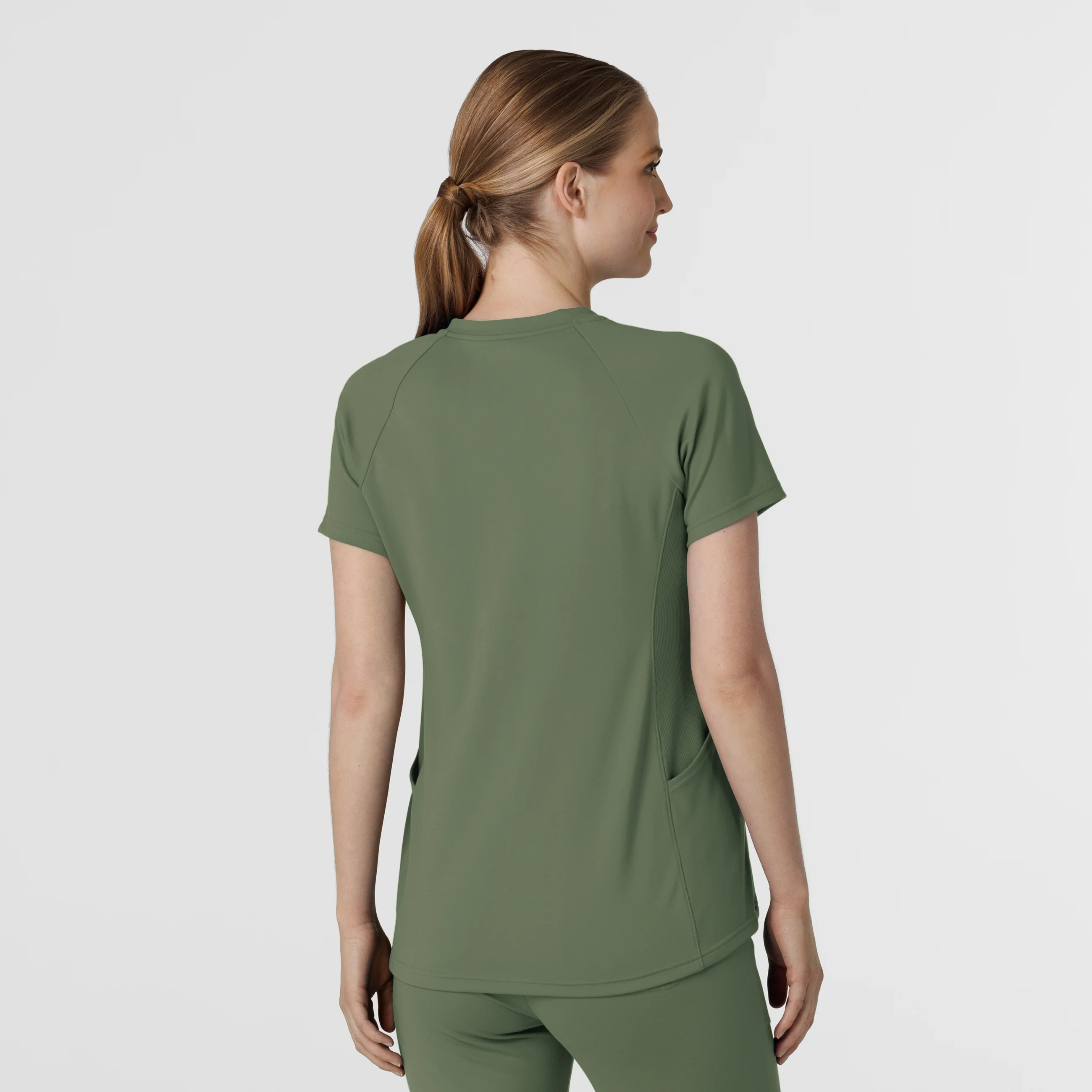 RENEW Knit Women's Flex-n-Reach V-Neck Raglan Scrub Top - Olive - Image 2