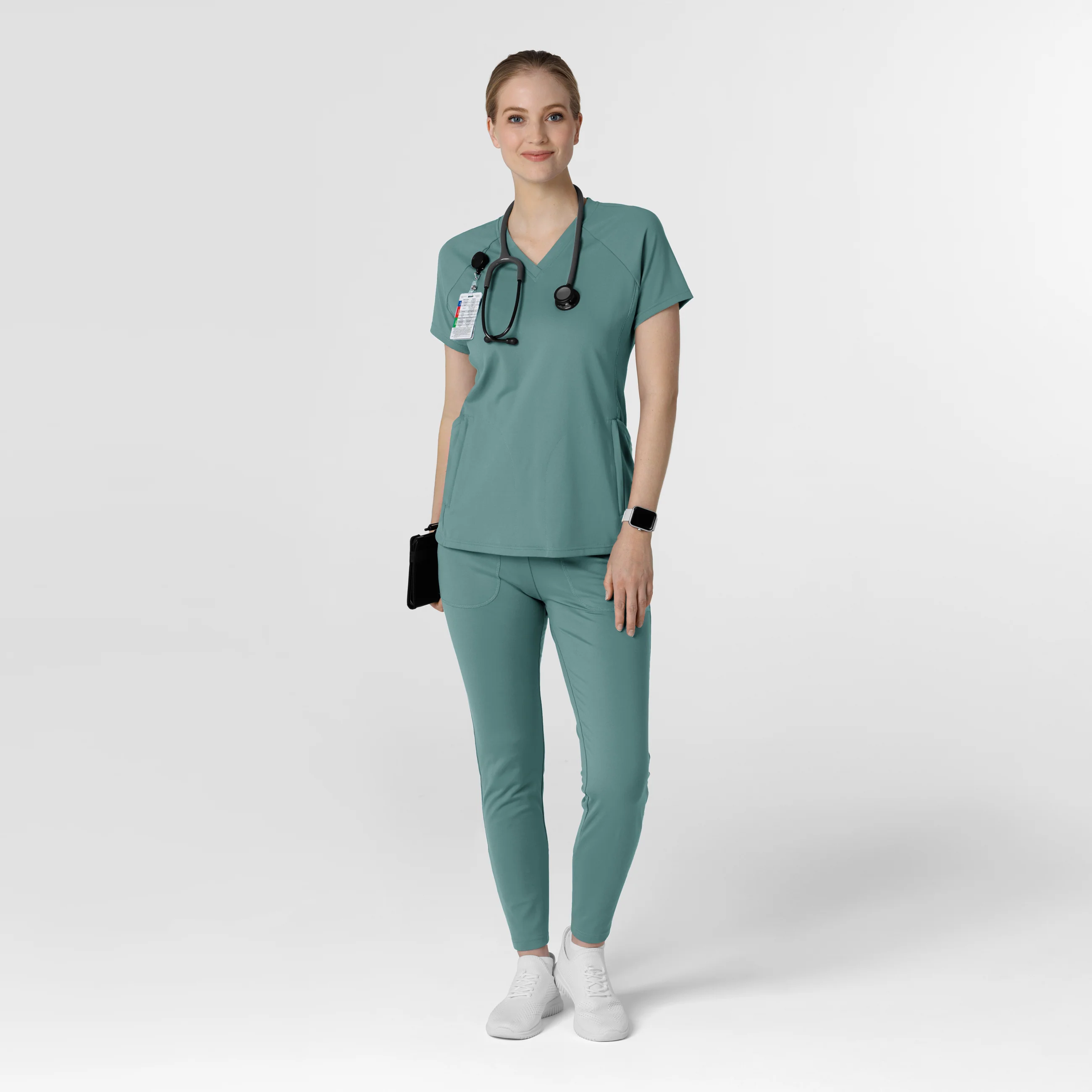 RENEW Knit Women's Flex-n-Reach V-Neck Raglan Scrub Top - Vintage Teal - Image 3