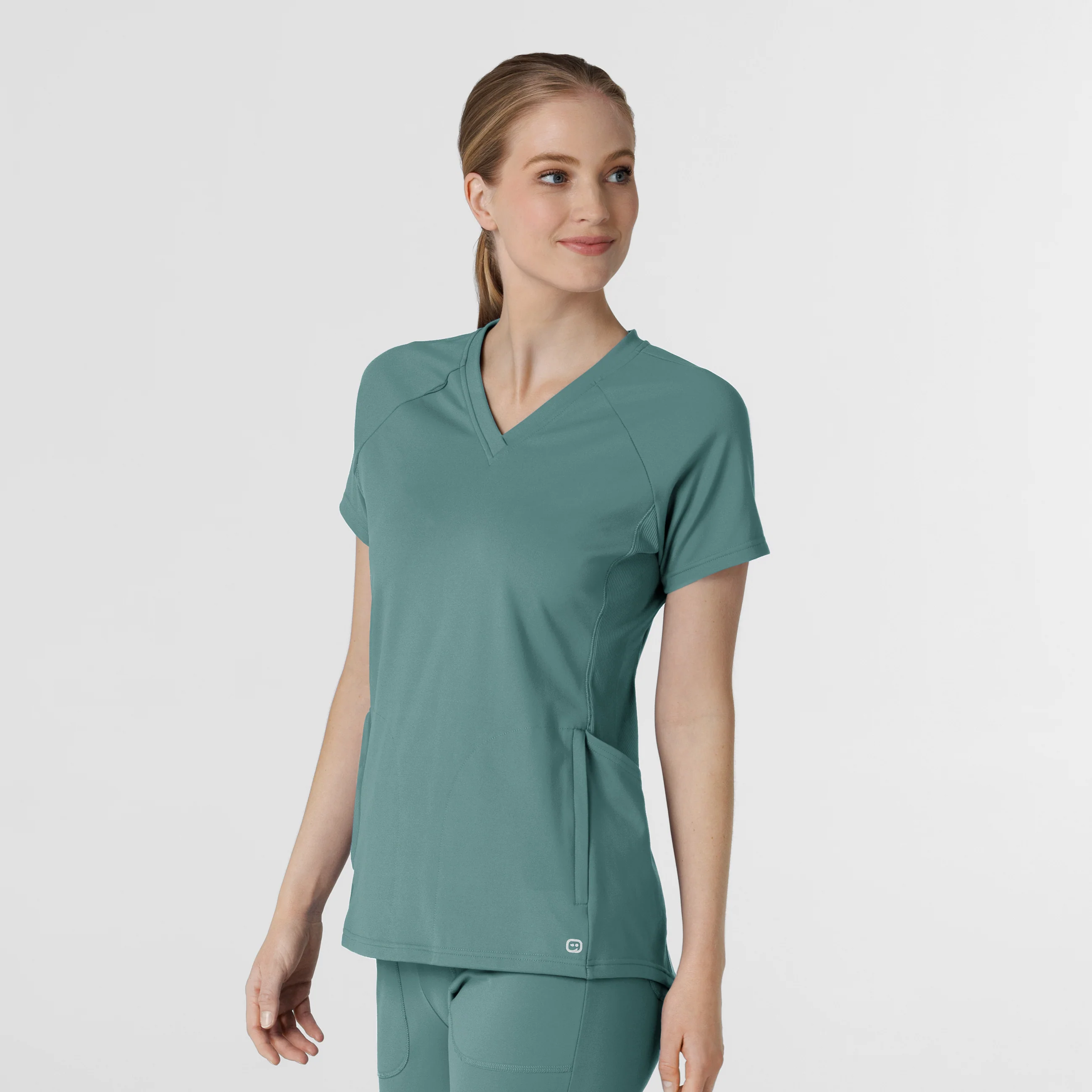 RENEW Knit Women's Flex-n-Reach V-Neck Raglan Scrub Top - Vintage Teal - Image 4
