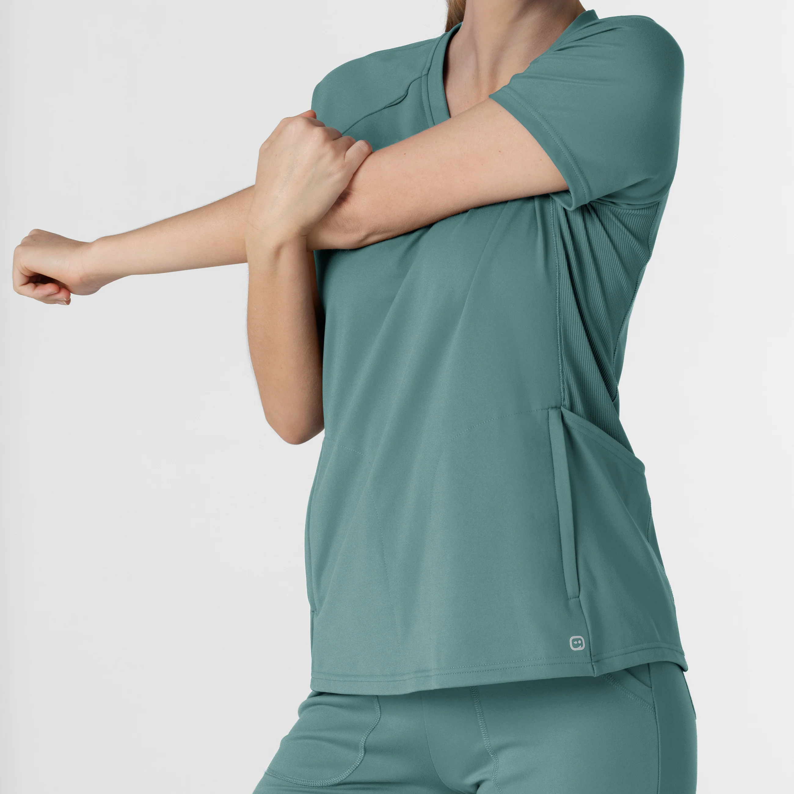 RENEW Knit Women's Flex-n-Reach V-Neck Raglan Scrub Top - Vintage Teal - Image 9