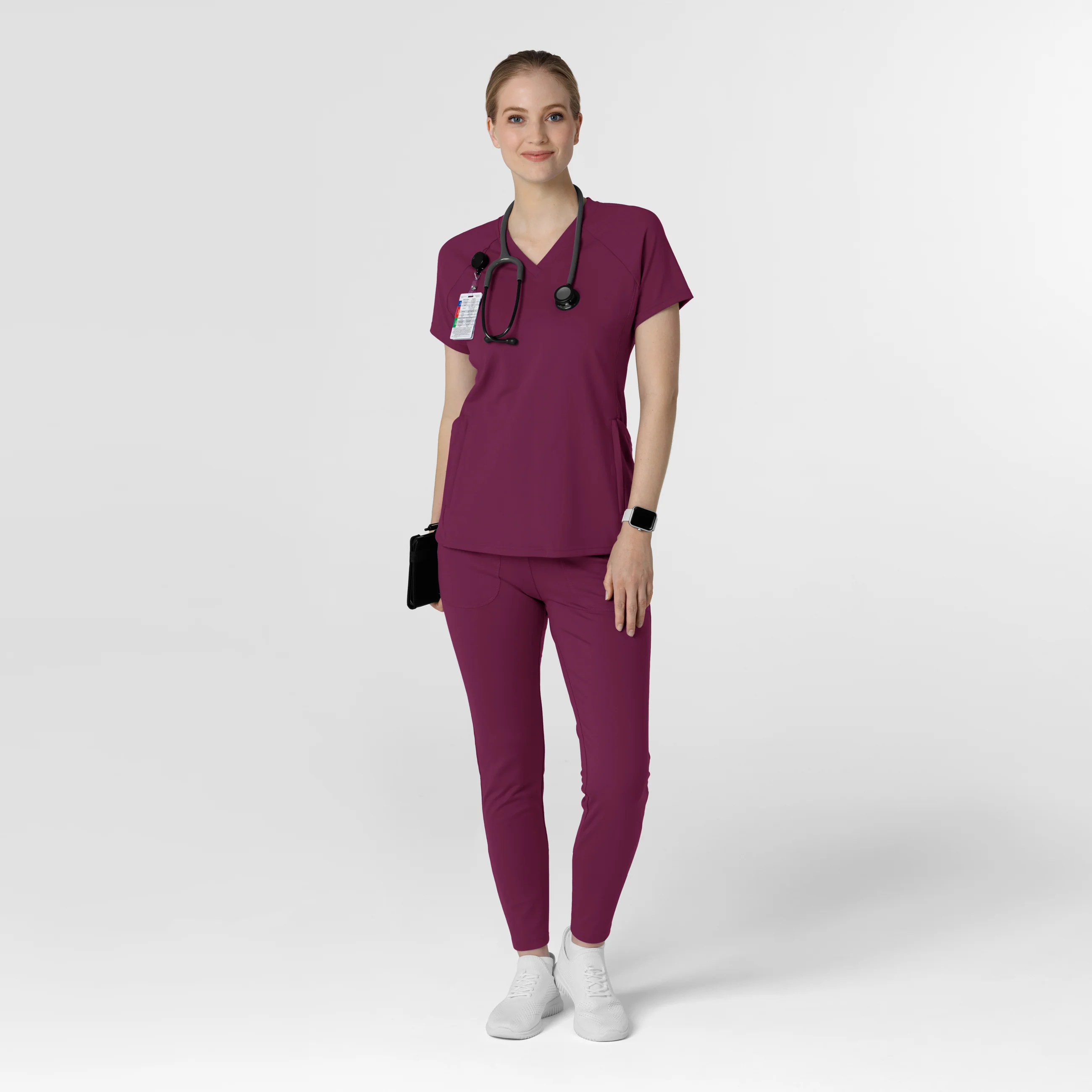 RENEW Knit Women's Flex-n-Reach V-Neck Raglan Scrub Top - Wine - Image 3
