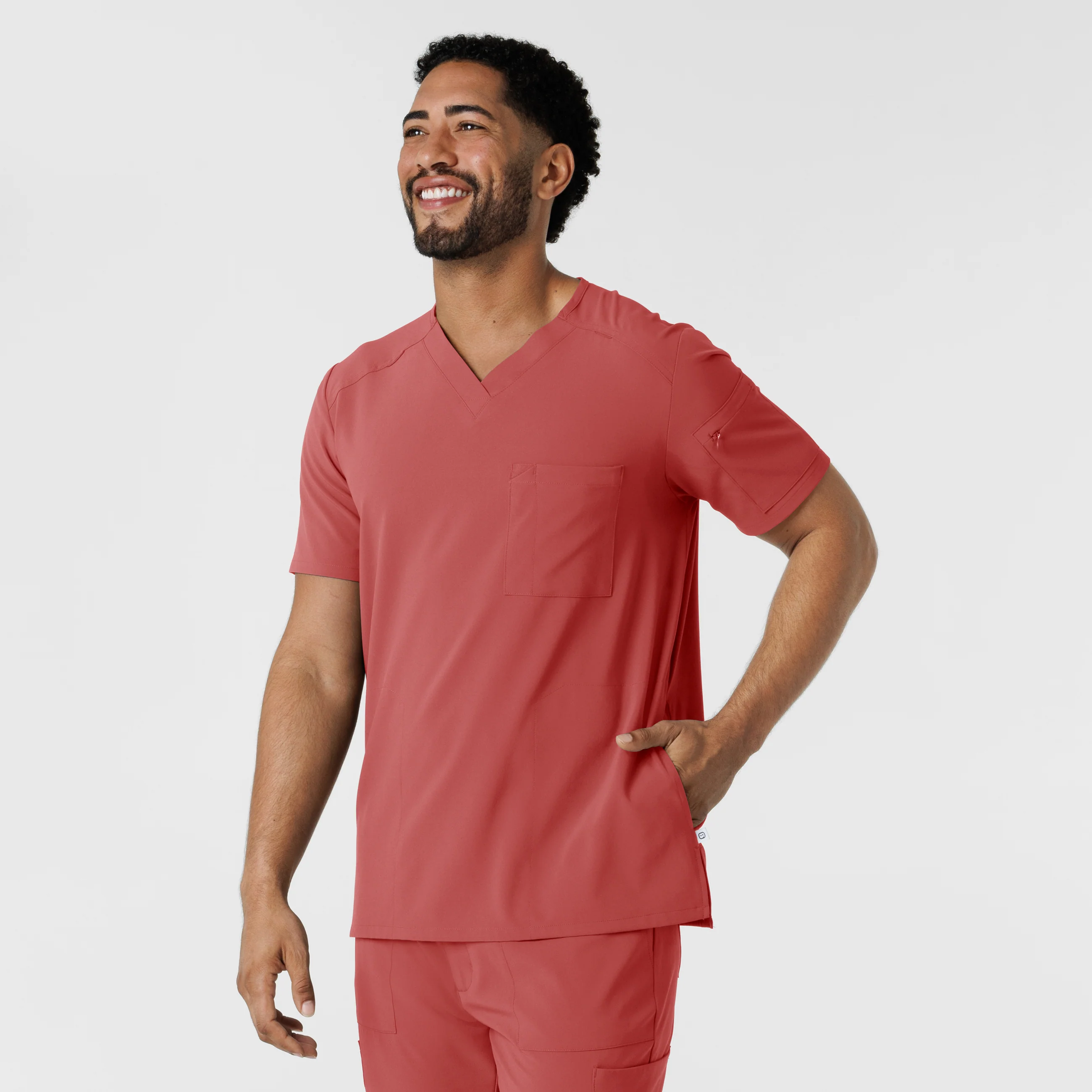 RENEW Men's V-Neck 5 Pocket Scrub Top - Mineral Red - Image 4