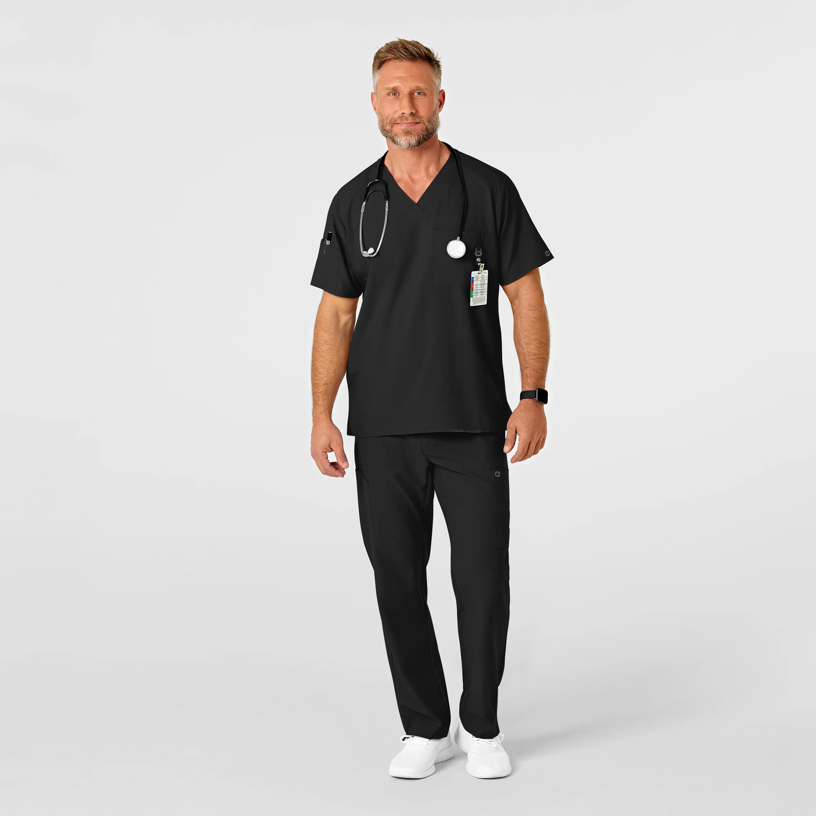 W123 Men's Flat Front Cargo Scrub Pant - Black - Image 3