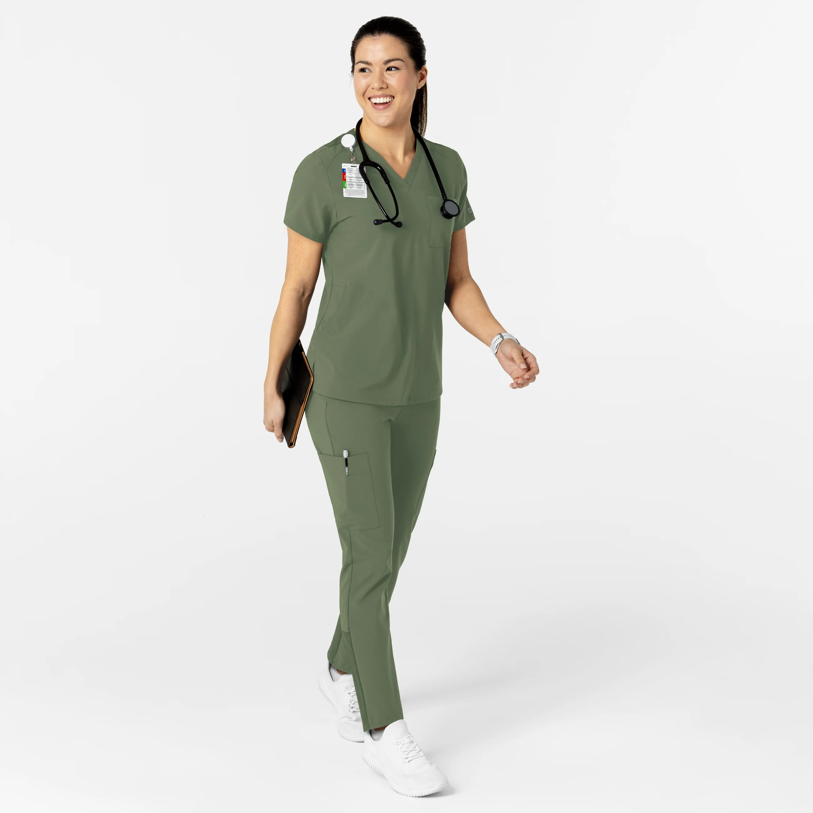 W123 Women's Flex-n-Reach V-Neck Scrub Top - Olive - Image 3