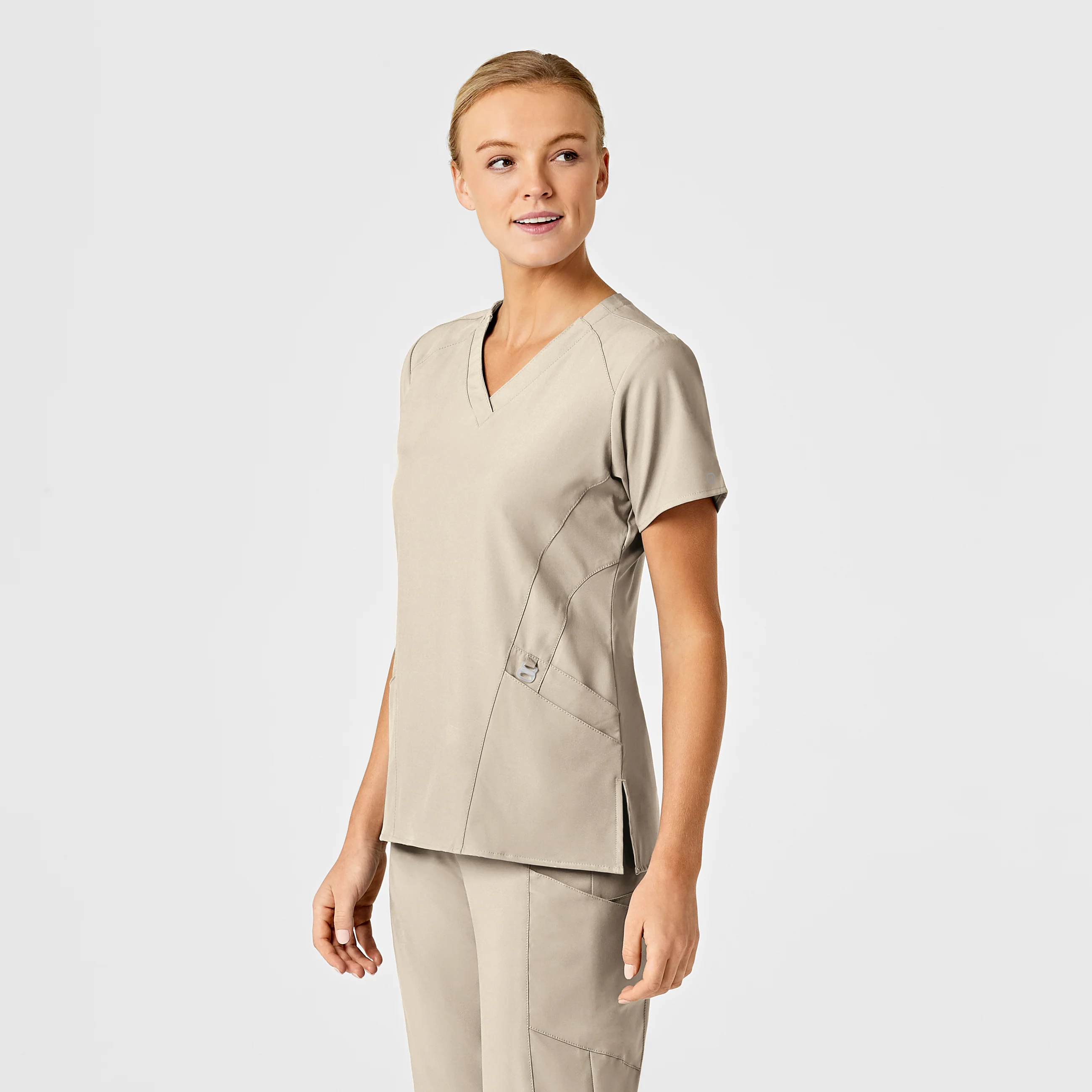 W123 Women's Stylized V-Neck Scrub Top - Khaki - Image 4