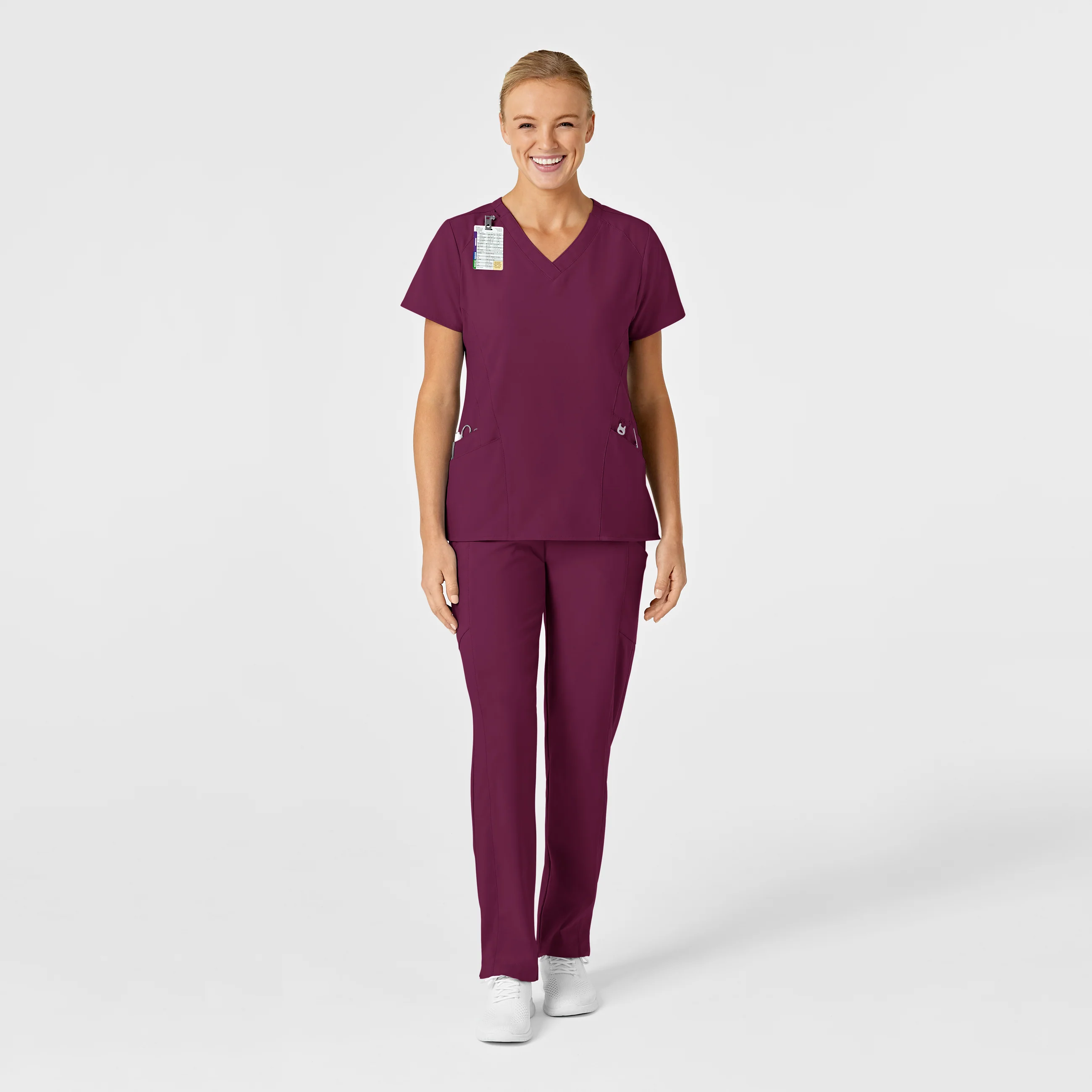 W123 Women's Stylized V-Neck Scrub Top - Wine - Image 3