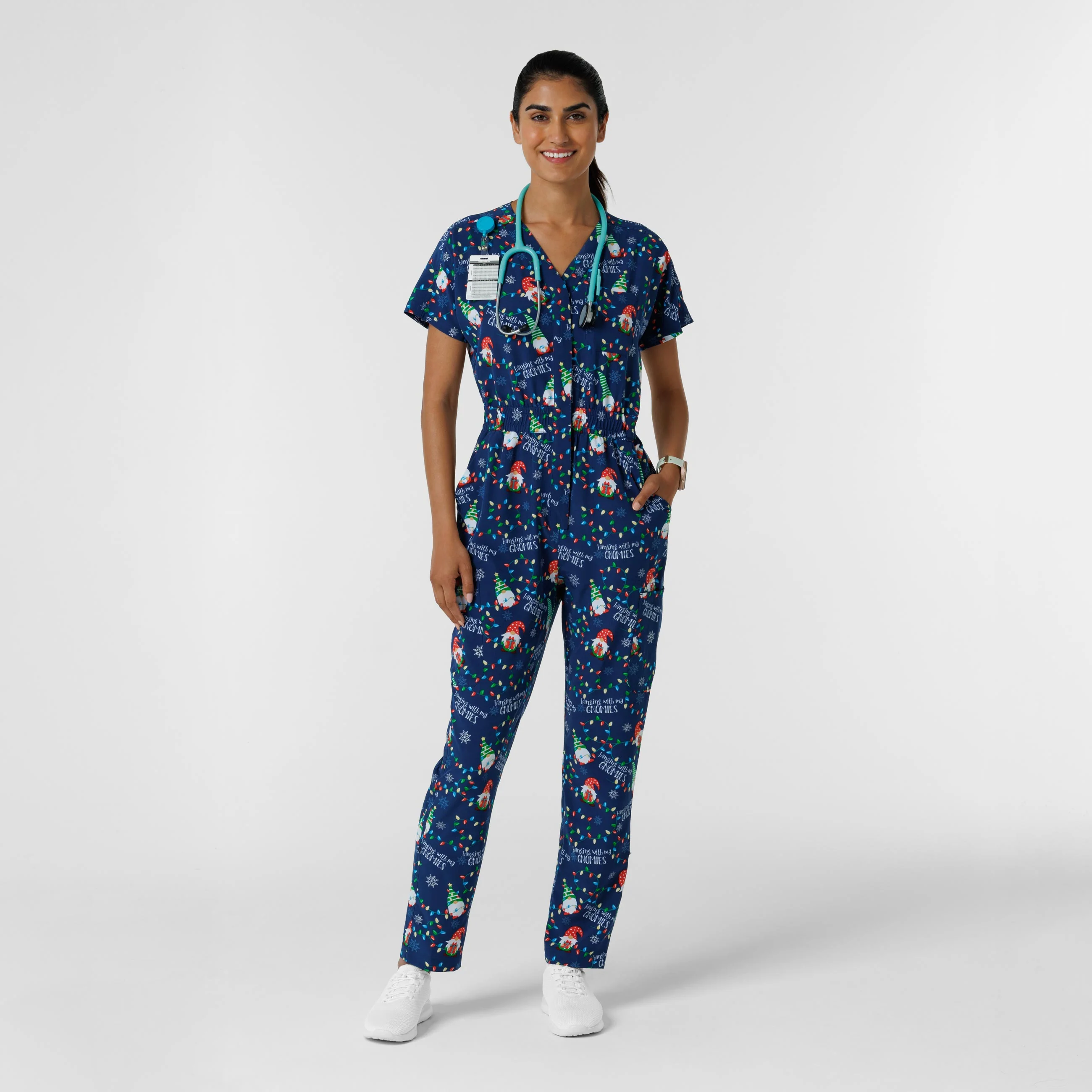 Wink Women's Holiday Print Zip Front Onesie - Gnome Alone - Image 3