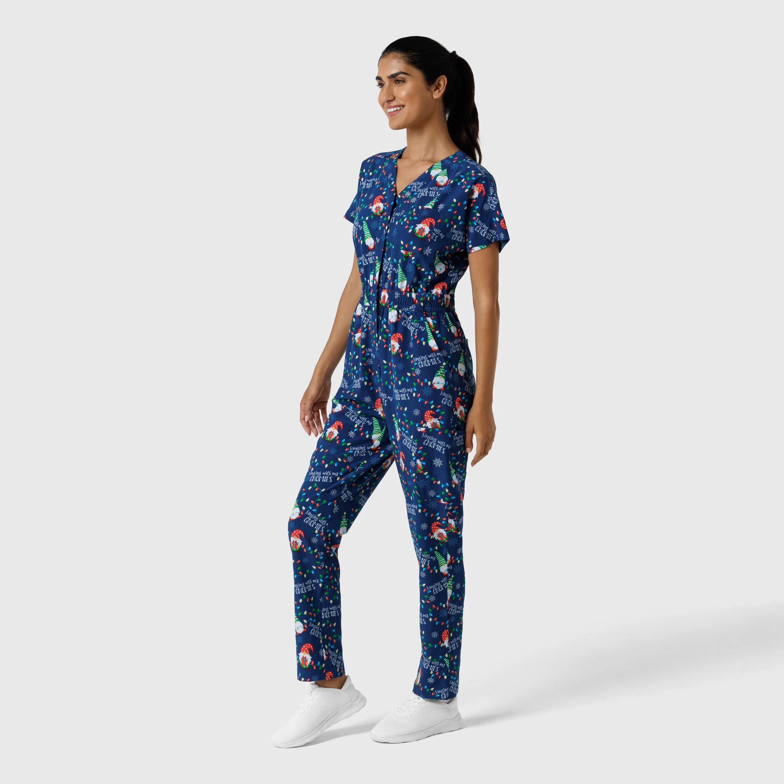 Wink Women's Holiday Print Zip Front Onesie - Gnome Alone - Image 4