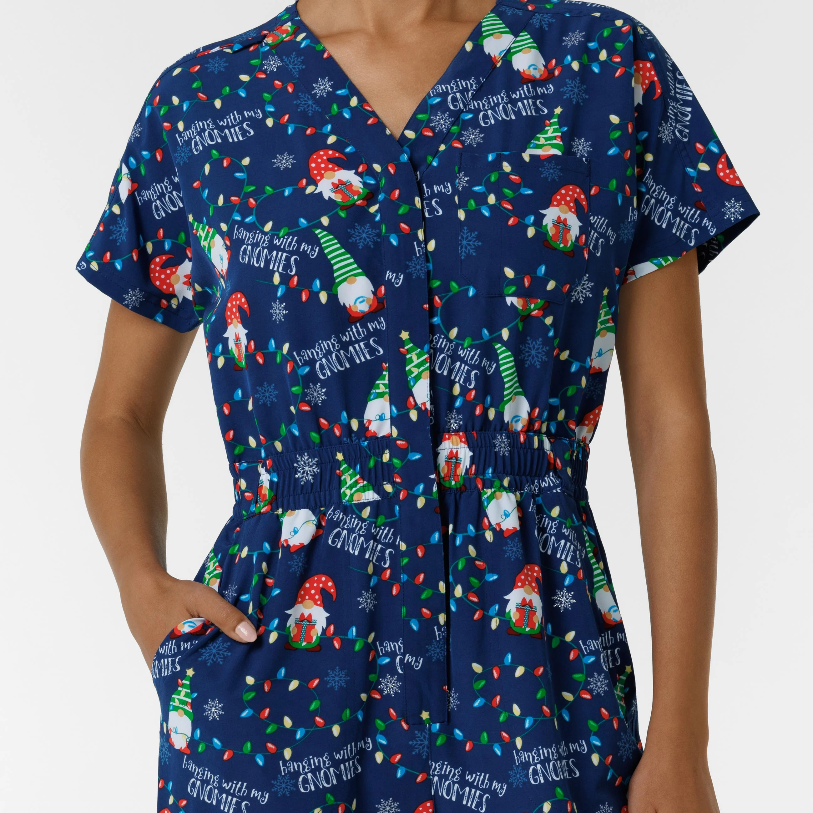 Wink Women's Holiday Print Zip Front Onesie - Gnome Alone - Image 7